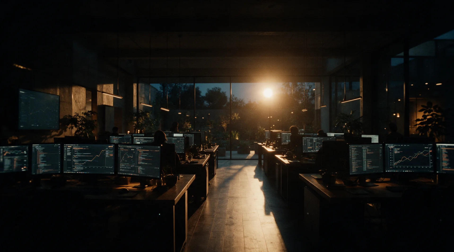 A long open-plan studio floor at dusk, rows of desks with lit monitors, and the last low sun over the courtyard beyond the glass end wall