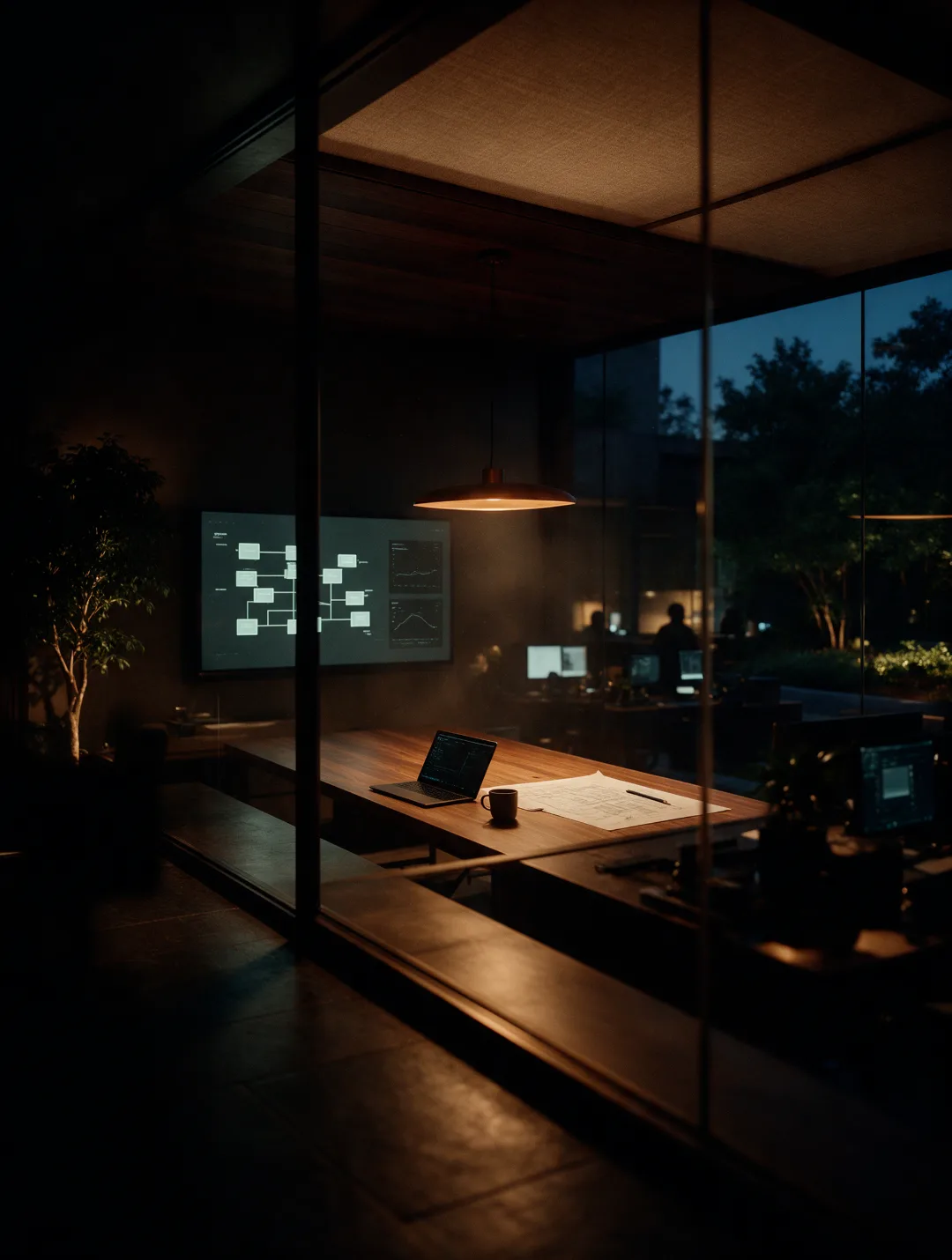 A glass-walled meeting room at night, a wall display showing a system map above a long table with a printed diagram and an open laptop