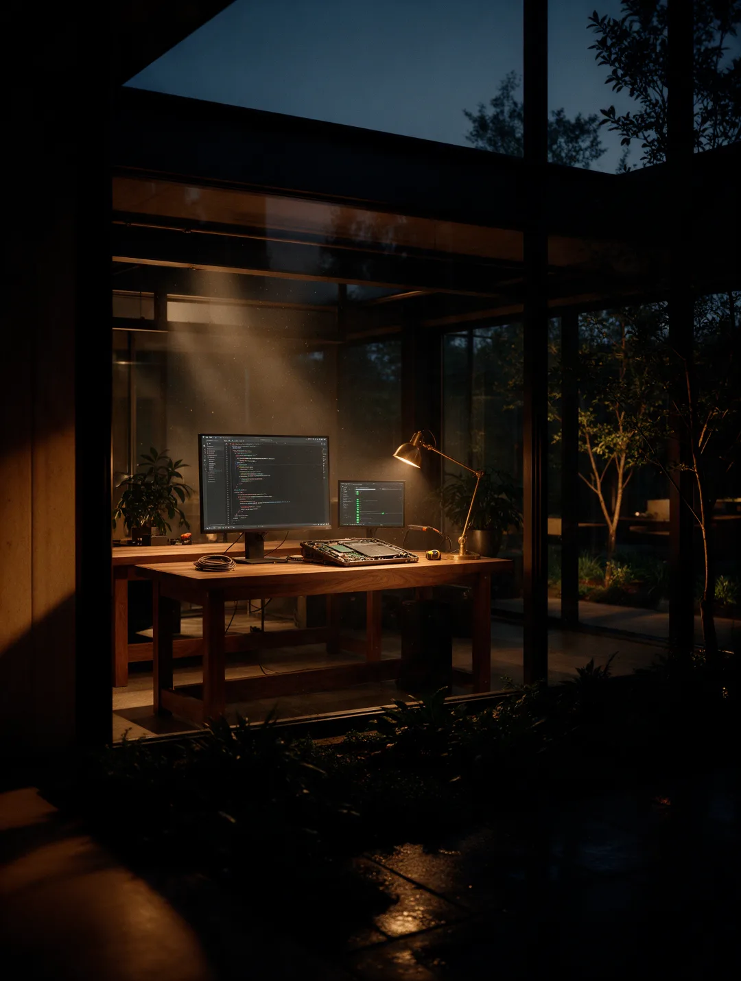 A lit prototyping bay seen at night through a glass wall, a monitor of code, a build pipeline on a second screen and an open hardware rig on the bench