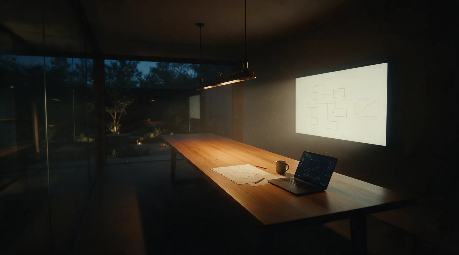 A glass-walled meeting room at dusk, seen from the near end of a long timber table, a wall display carrying a system map throwing light down the table