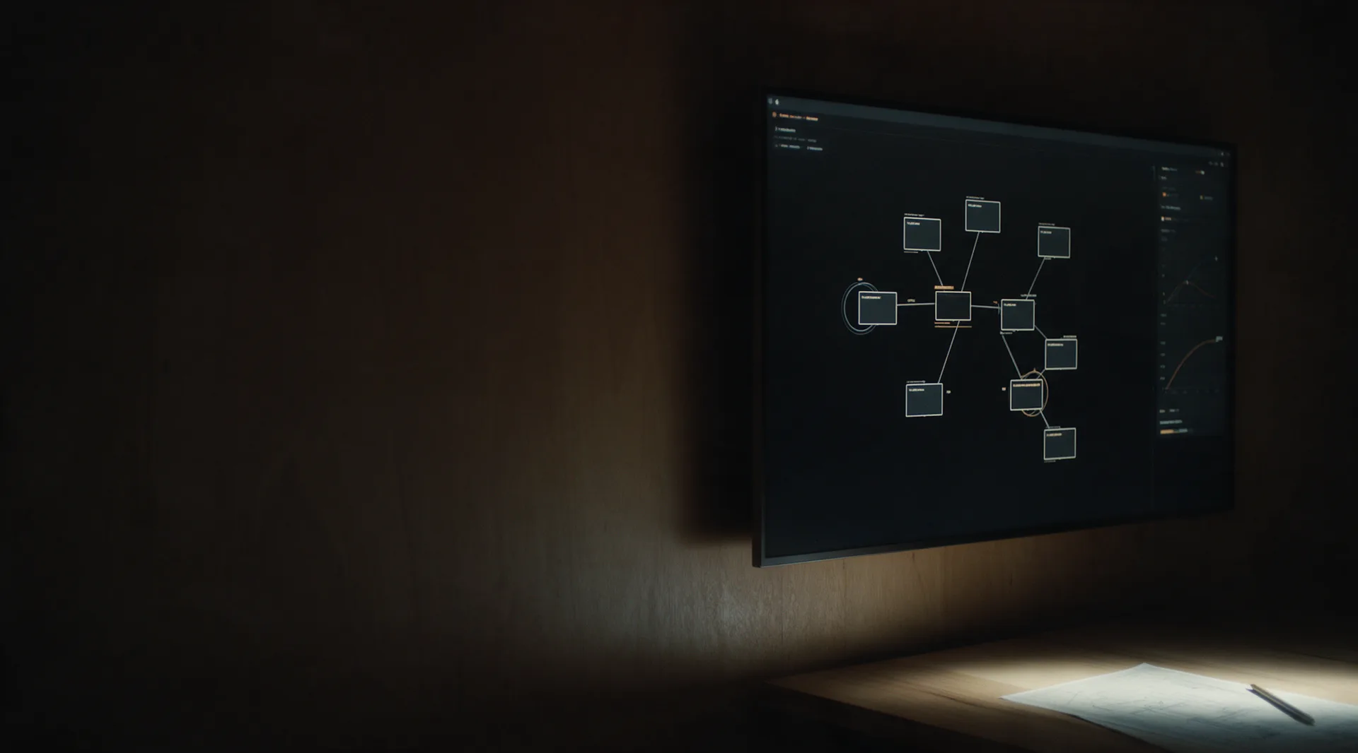 A wall display in a dark room showing a system map of boxes joined by thin lines, its glow falling on a printed diagram and a pencil on the table below