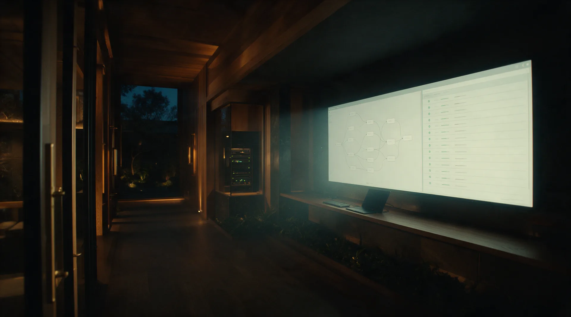An operations room off a timber-lined corridor at night, one wall display carrying a node graph beside a column of completed runs, a rack of hardware dim further down the corridor
