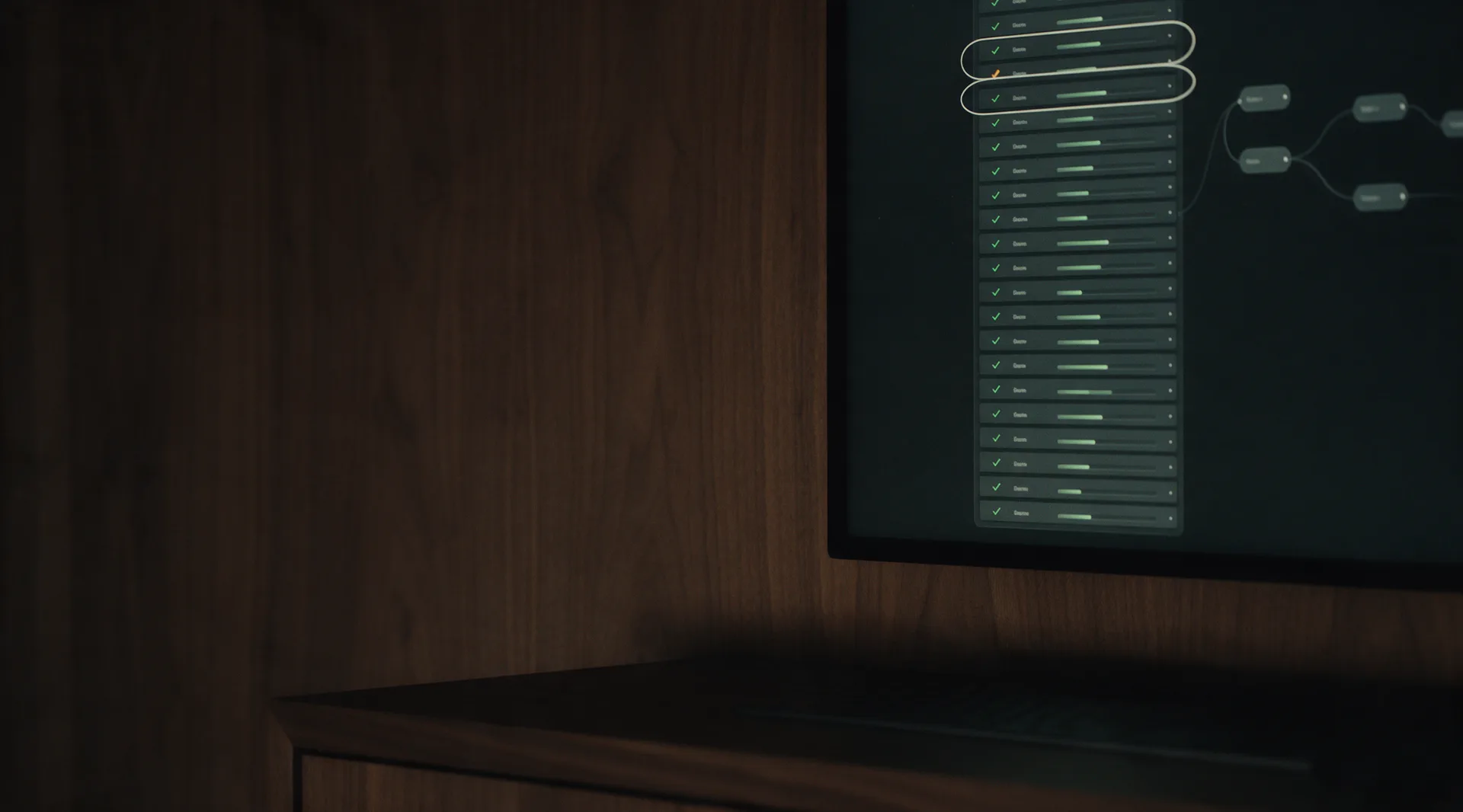 A wall display close up, a column of completed runs each with a green tick and a duration bar, a fragment of a node graph beside it