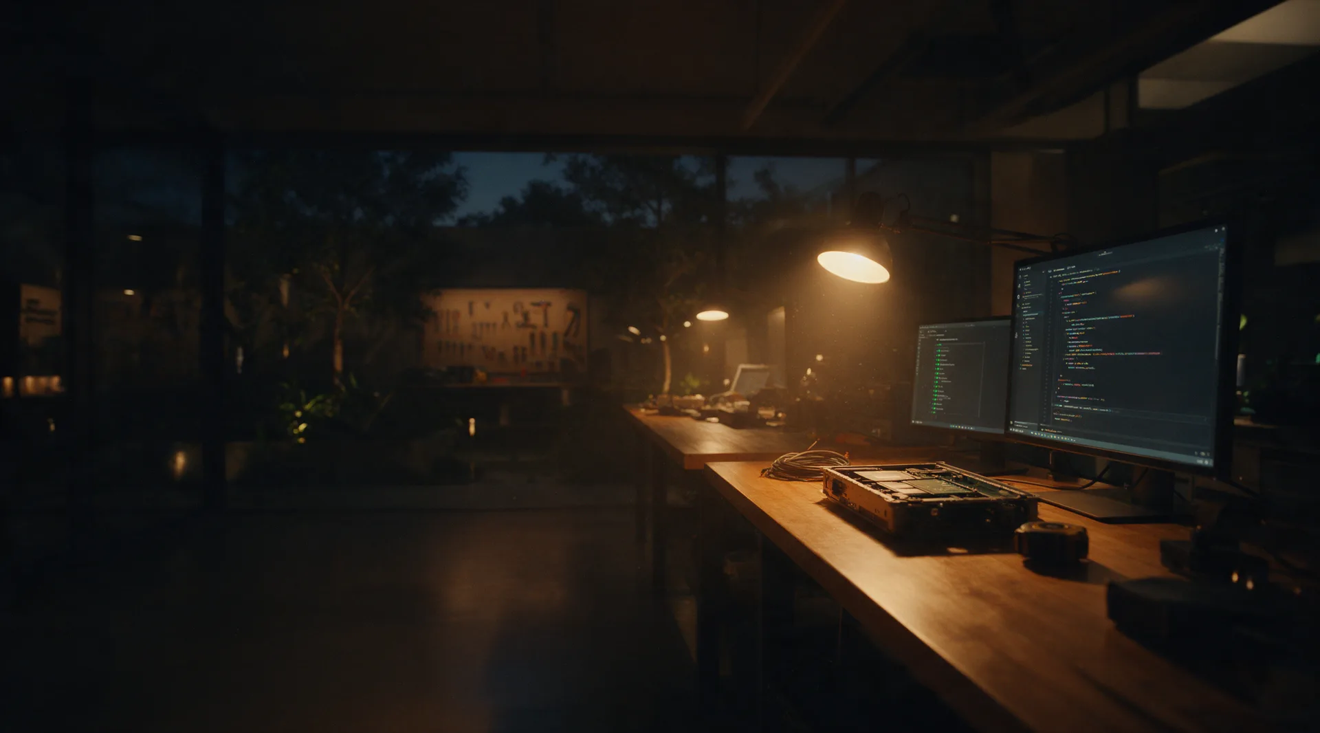 Inside a prototyping bay at night, a task lamp lit over a timber workbench carrying a code editor, a build pipeline on a second screen and an open hardware rig