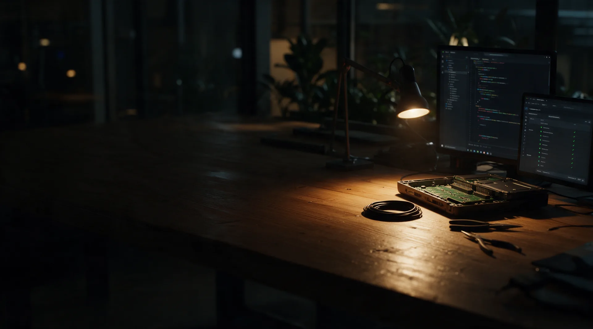 A workbench close up under a task lamp, a code editor on one screen, a column of green build ticks on another, an open hardware rig and a coil of cable