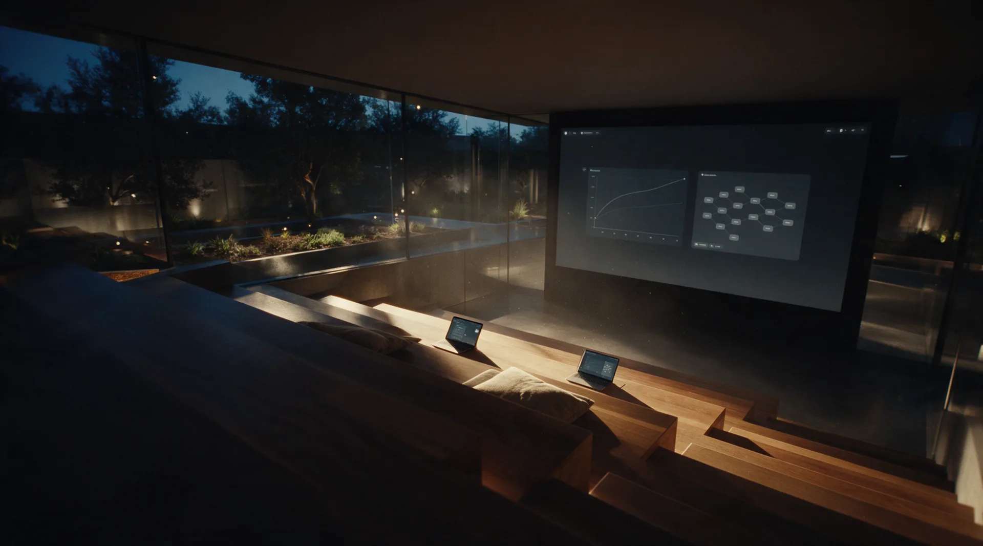 A stepped seating tier in a campus atrium in the evening, timber steps with cushions and open laptops facing a lit wall screen at the front