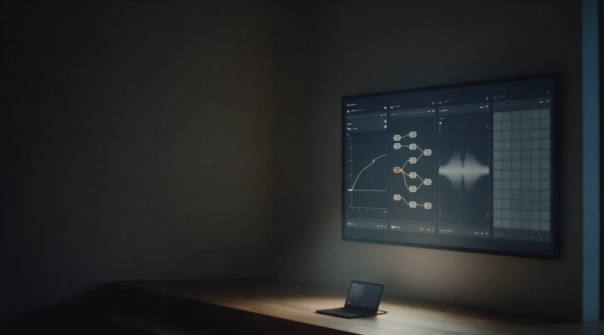 A wall screen at the front of a dark teaching space showing four panes side by side: a plotted curve, a node graph, an audio waveform and a grid of thumbnails