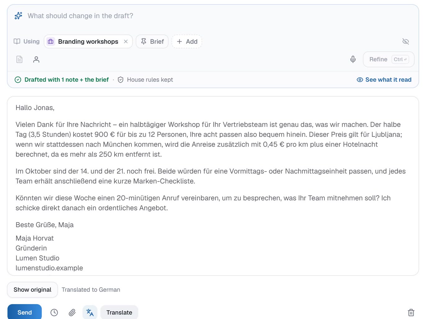 The same reply translated to German before sending, with the same price, dates and signature.
