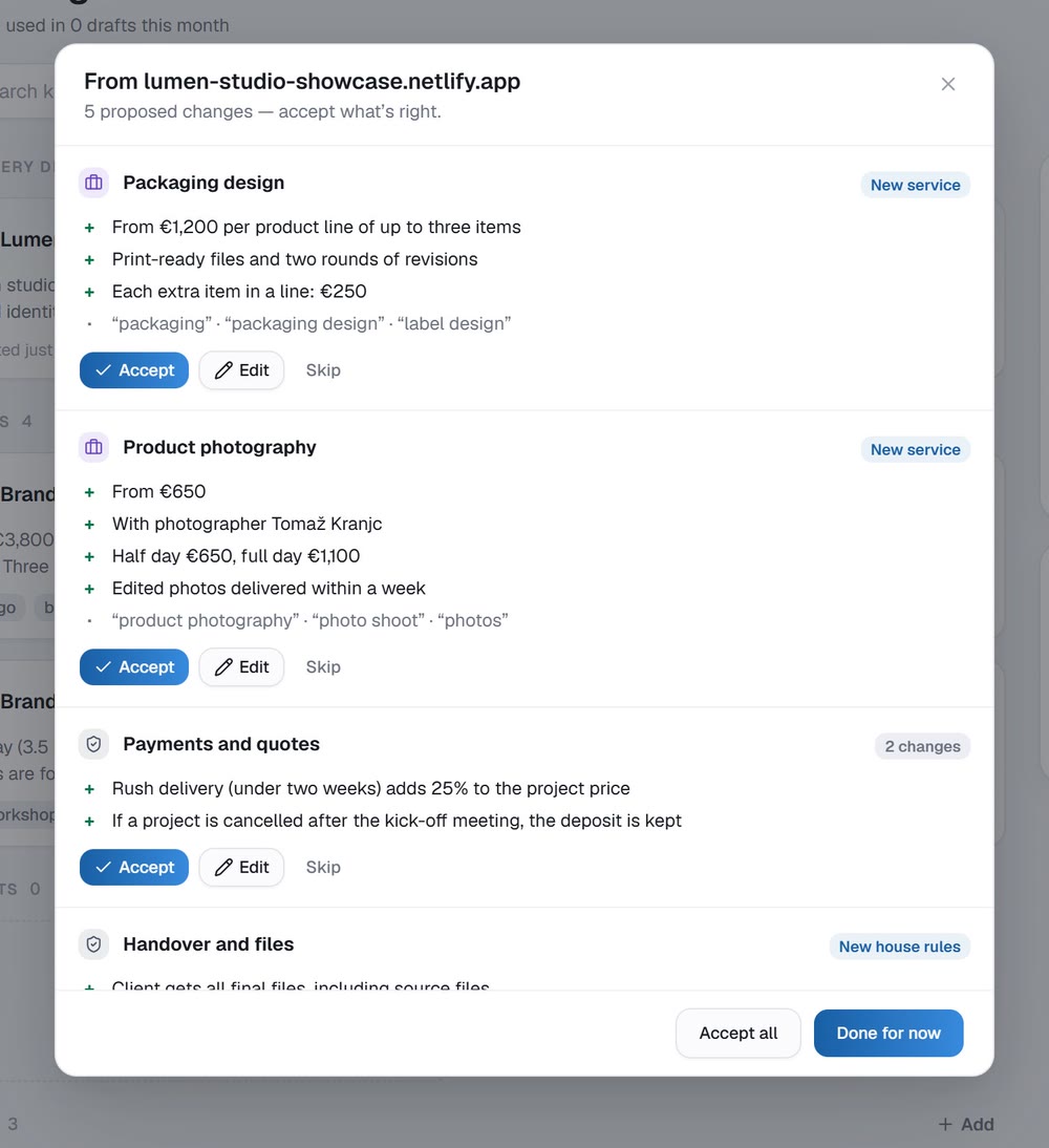 Five proposed changes read from the studio's website: packaging design, product photography, payment terms and handover rules, each with Accept, Edit and Skip.