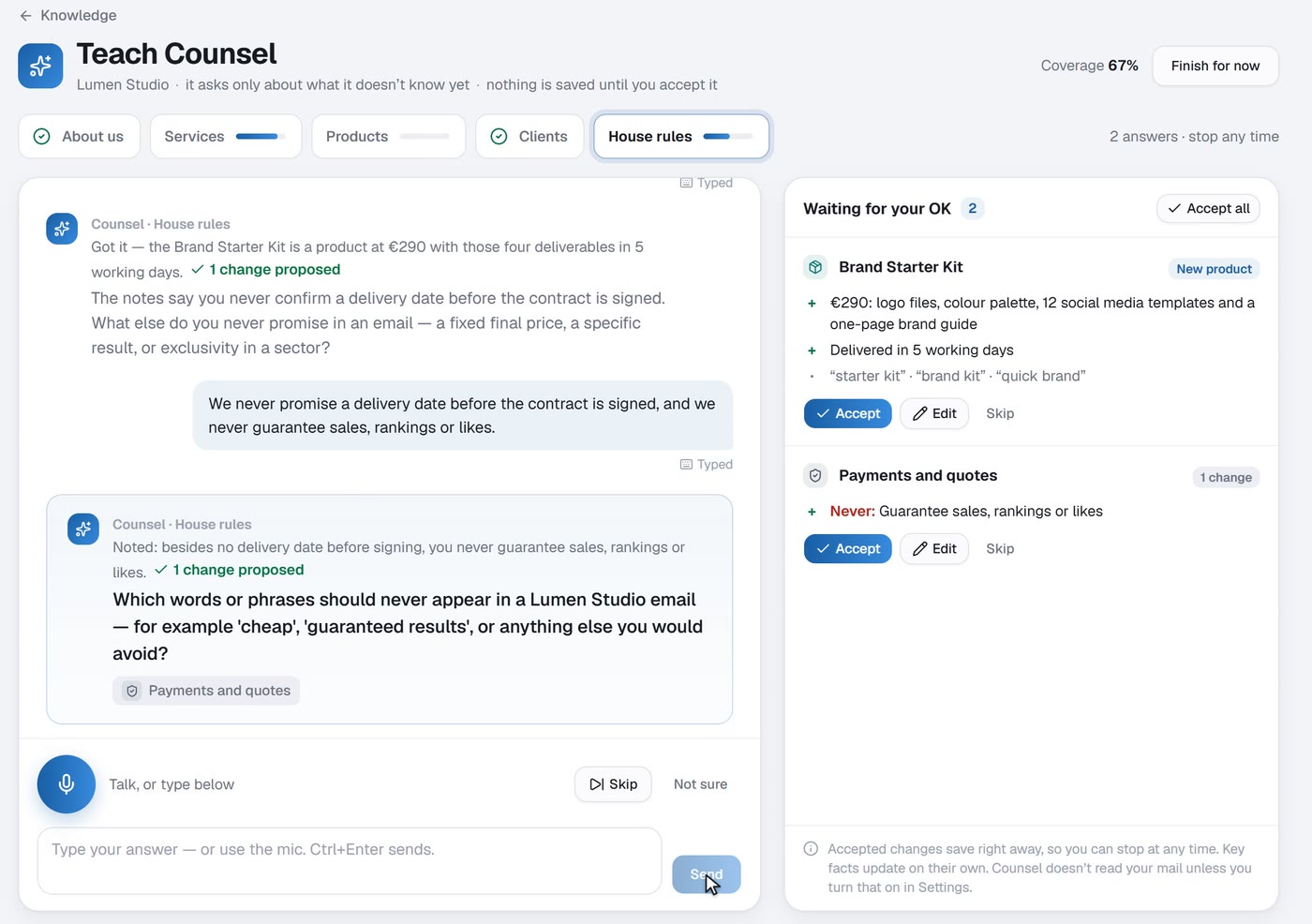 Teach Counsel: Counsel asks which phrases should never appear in a Lumen Studio email, and two proposed changes, a new Brand Starter Kit product and a house rule, wait for approval.